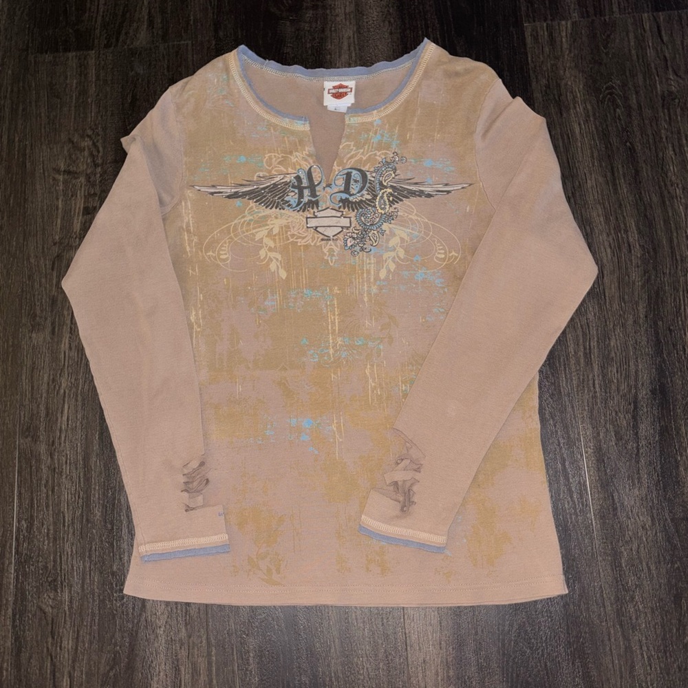 Y2K Women’s Harley Davidson V Neck Long Sleeve Studded Flame Logo Top Brown
